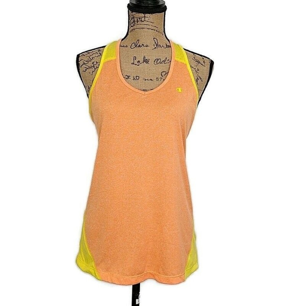 Champion Womens M Top Orange Yellow Colorblock‎ V Neck Sleeveless Racerback Tank
